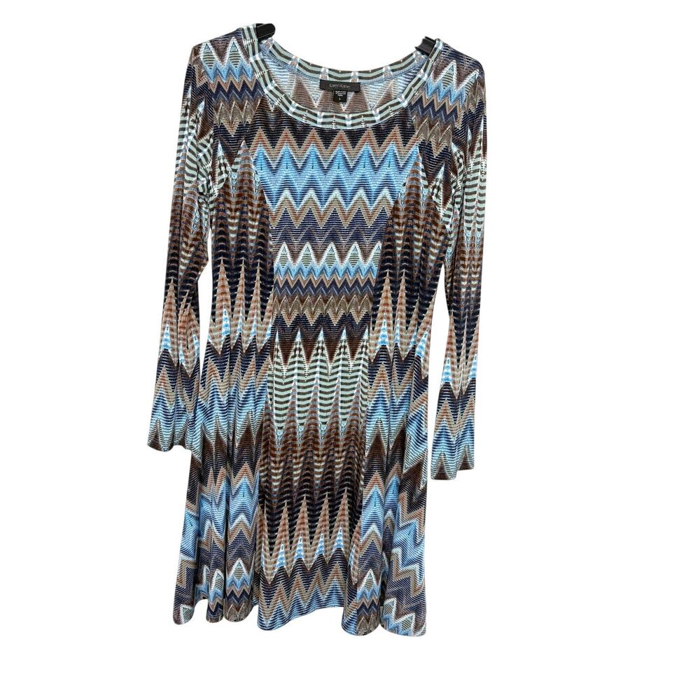 Karen Kane Desert Zig Zag Print A-Line Dress Sz L Blue Brown Artsy Whimsical EUC